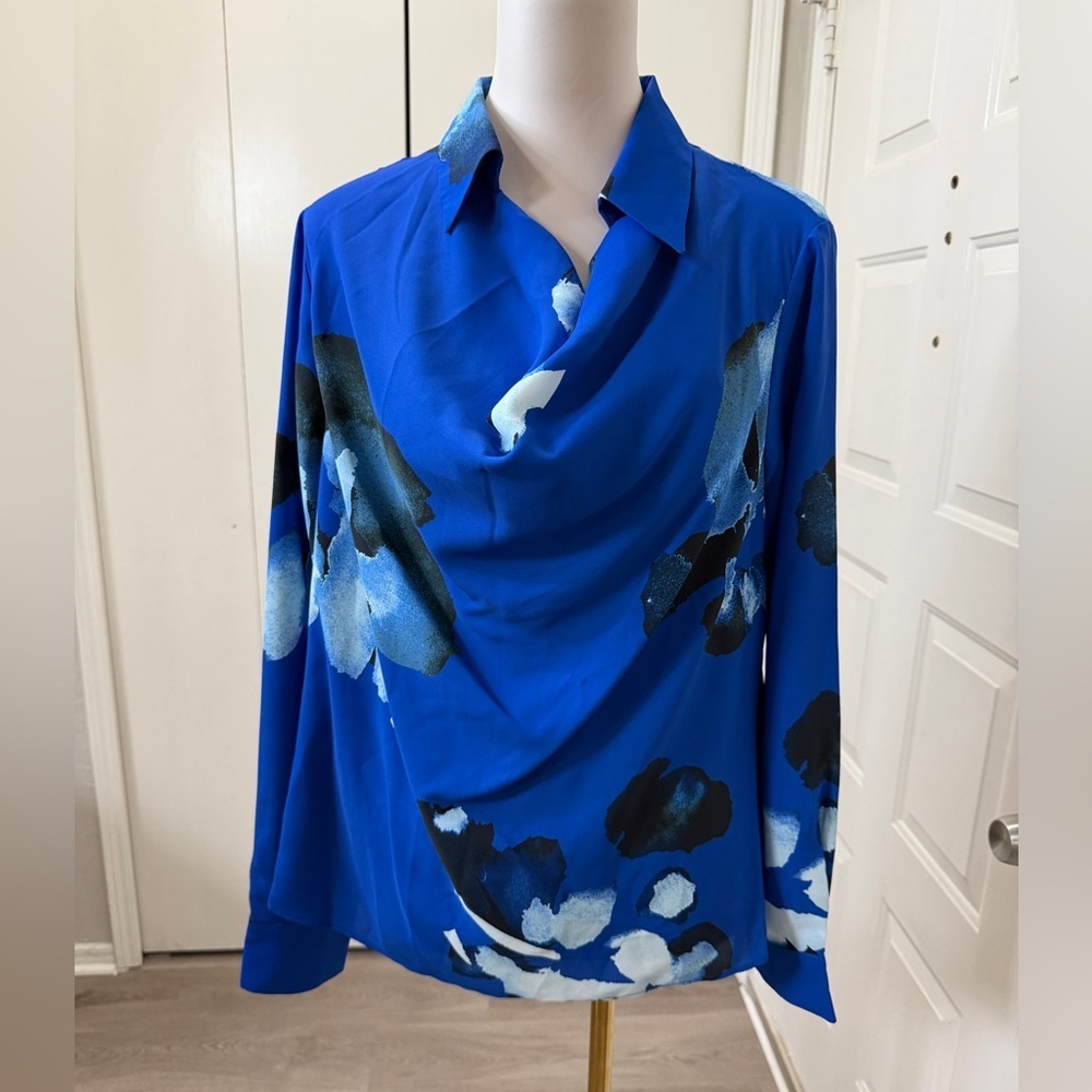 H by Halston Blue and Black Floral Blouse